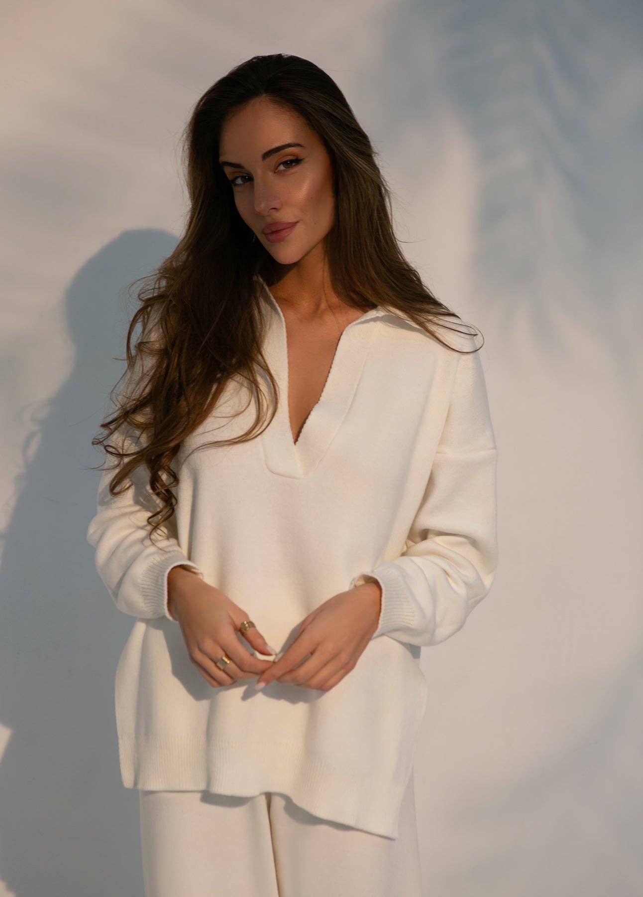 Milky White Pollo Collar Detail Oversized Sweater / 90% cotton