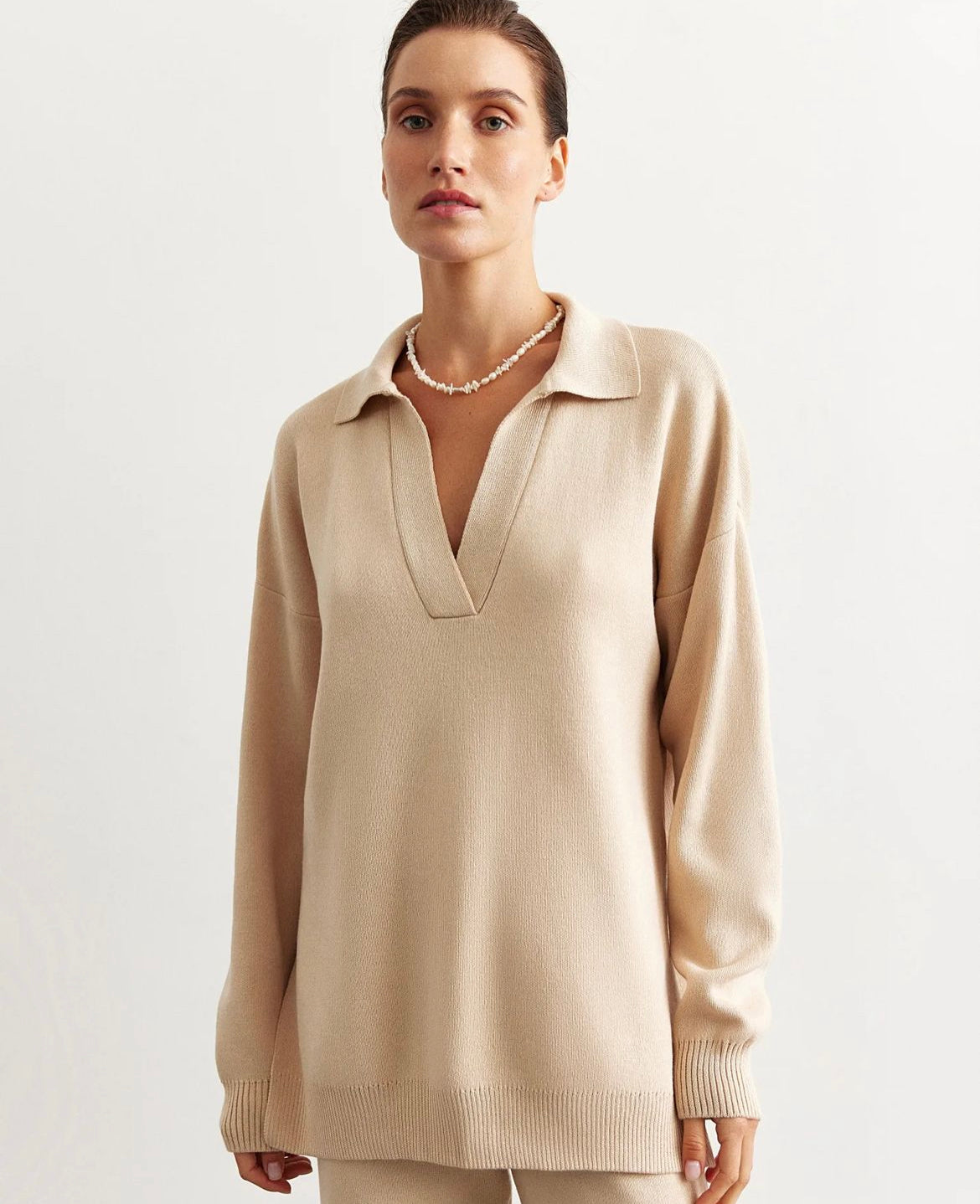 Cream Pollo Collar Detail Oversized Sweater