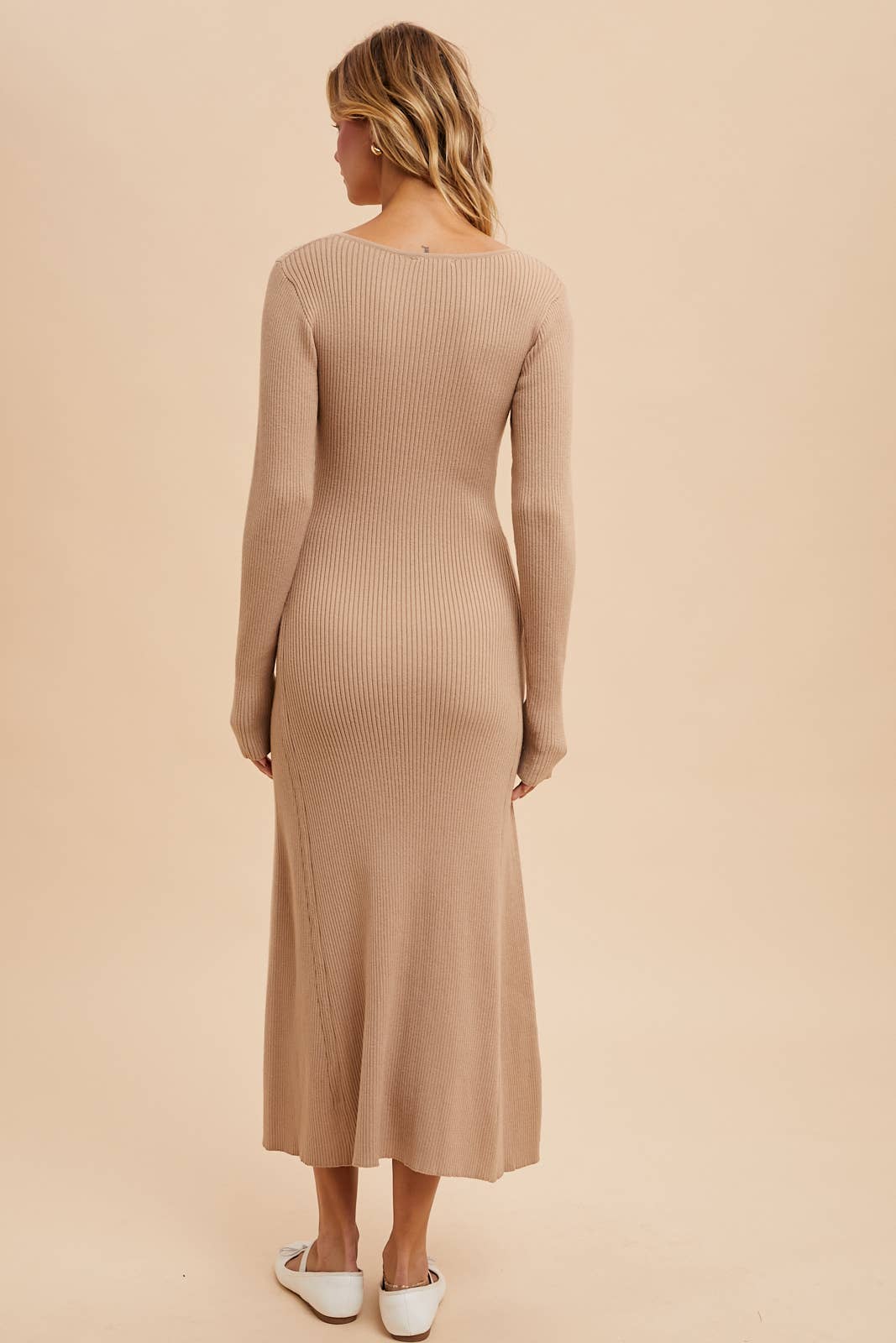 Viscose Blend Knitted Maxi Sweater Dress in Almond