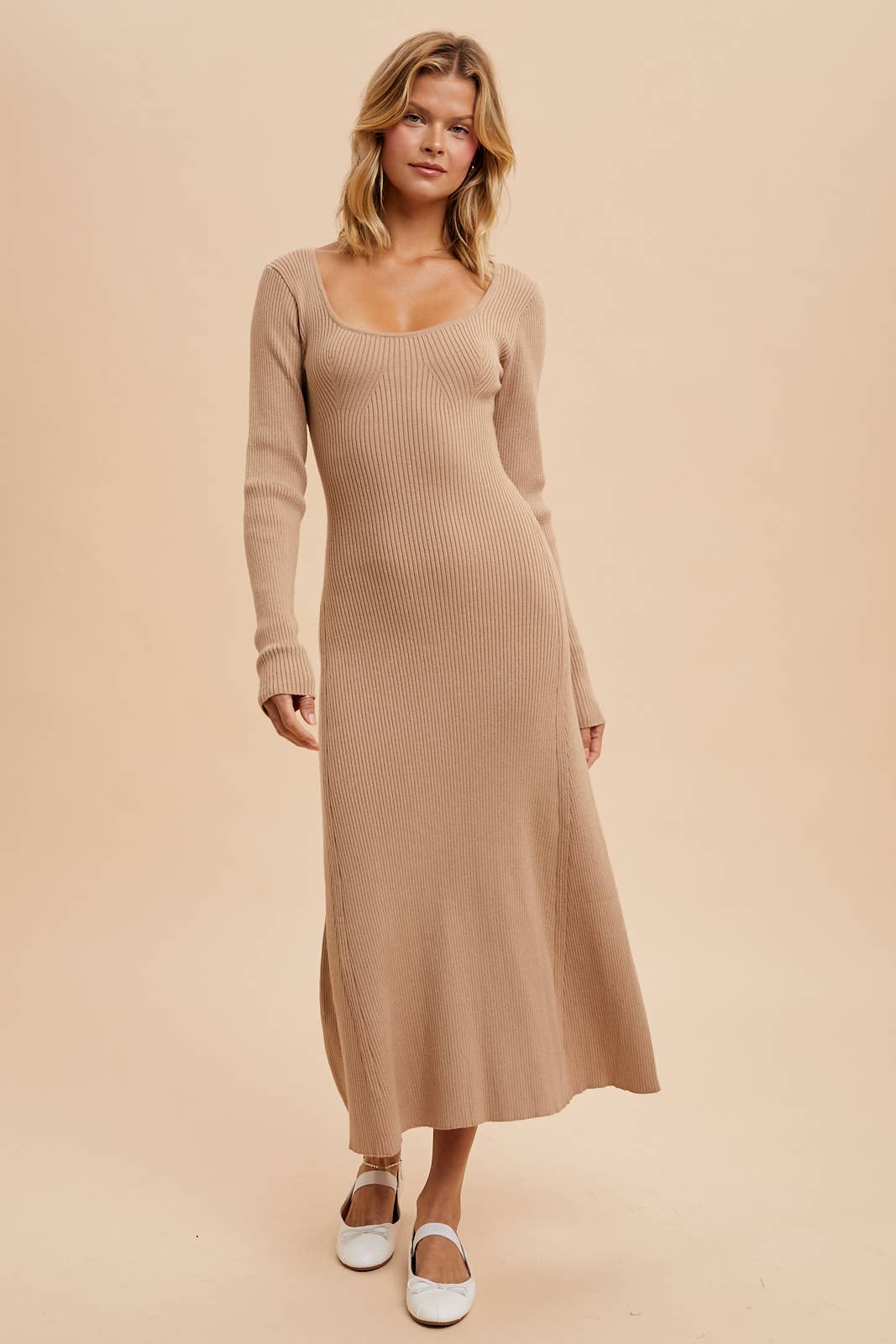 Viscose Blend Knitted Maxi Sweater Dress in Almond