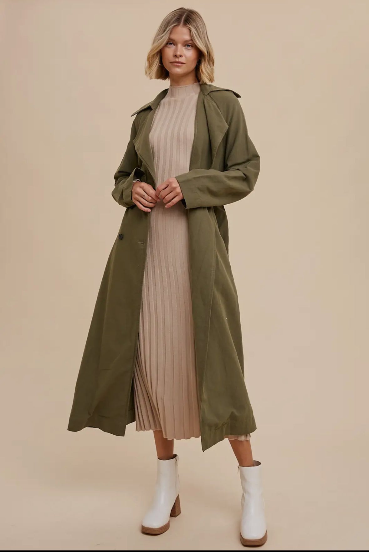 Long Line Double Breasted Classic
Trench Coat with Belted Wa