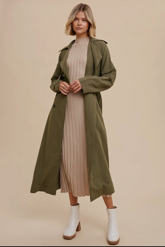Long Line Double Breasted Classic
Trench Coat with Belted Wa