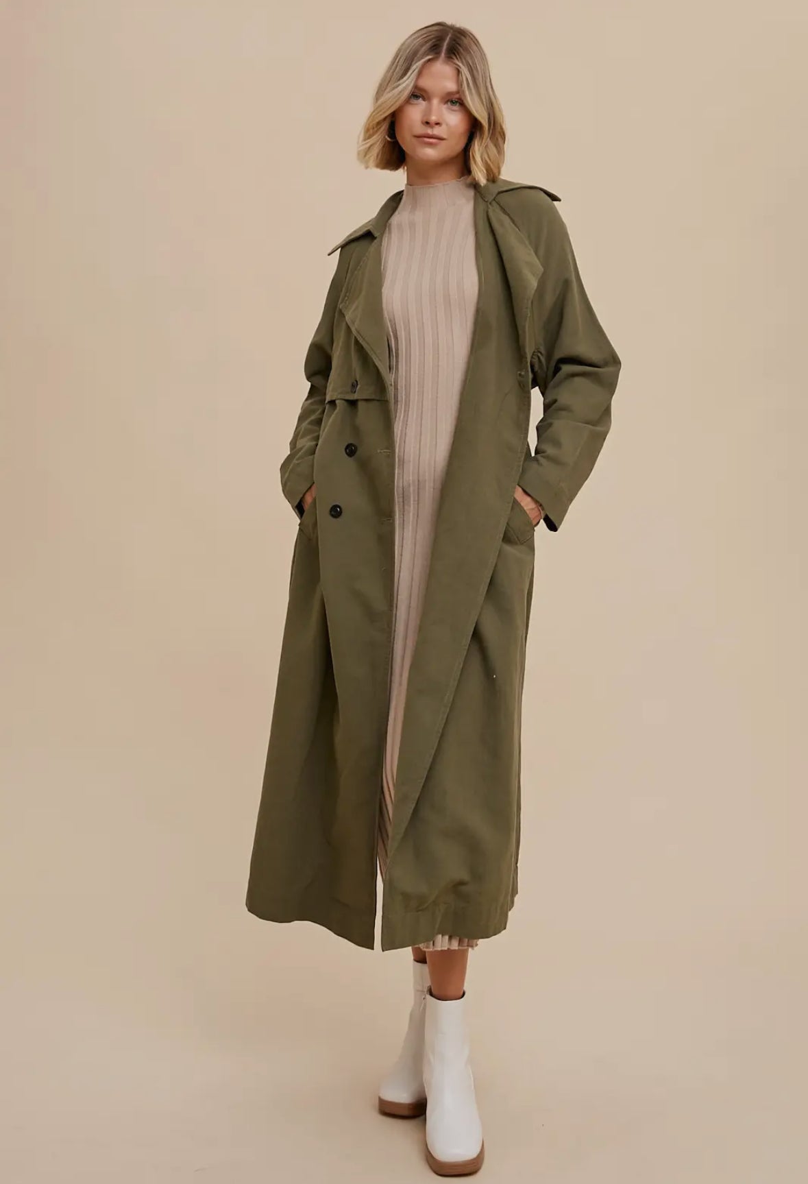 Long Line Double Breasted Classic
Trench Coat with Belted Wa