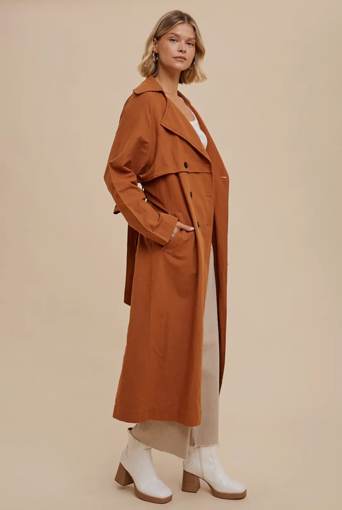 Long Line Double Breasted Classic
Trench Coat with Belted Wa