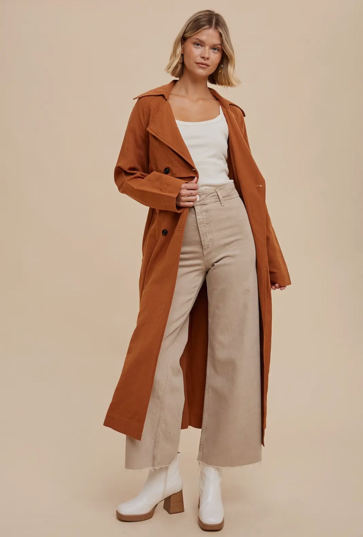 Long Line Double Breasted Classic
Trench Coat with Belted Wa
