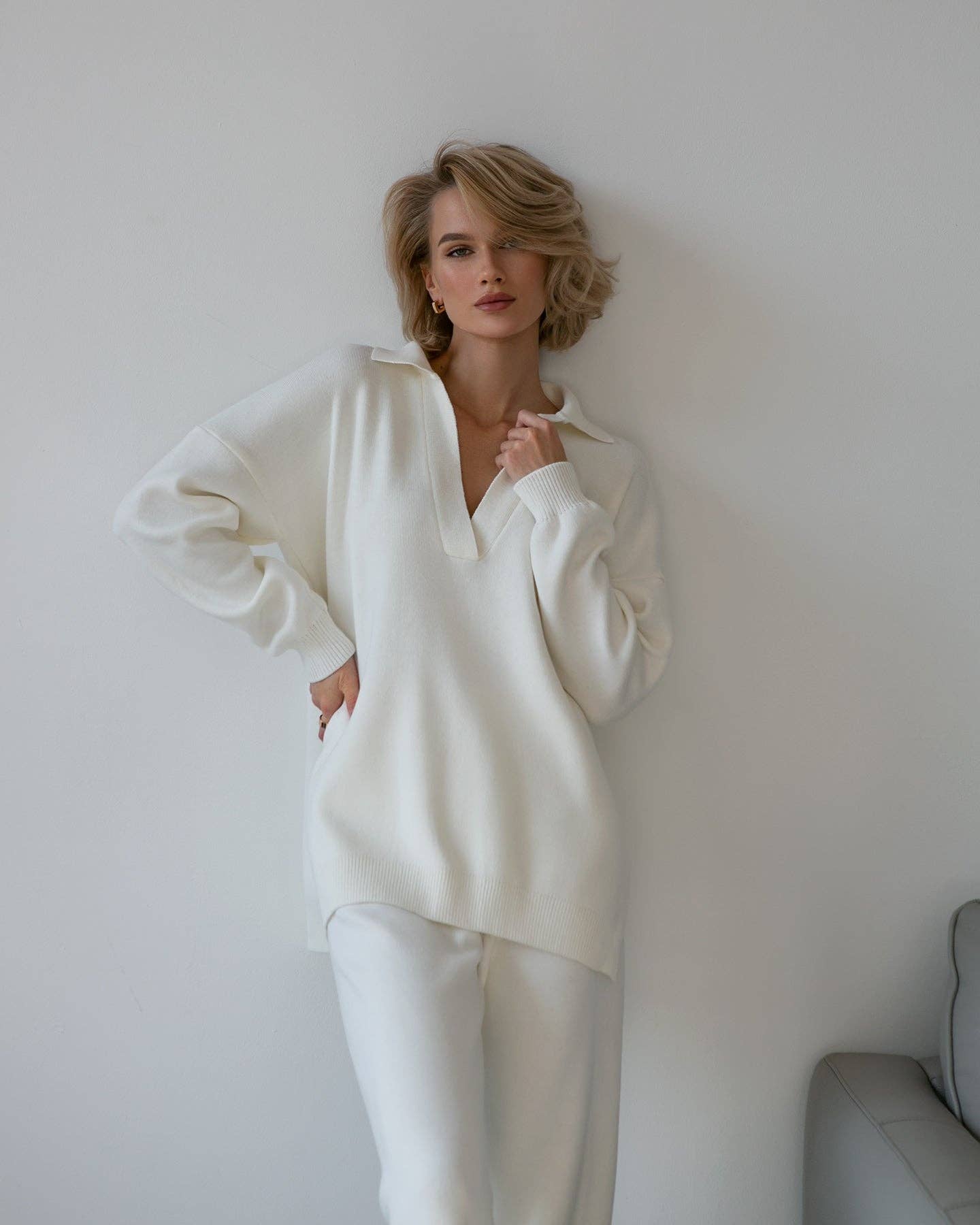 Milky White Pollo Collar Detail Oversized Sweater / 90% cotton