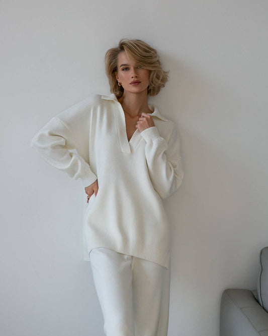 Milky White Pollo Collar Detail Oversized Sweater / 90% cotton